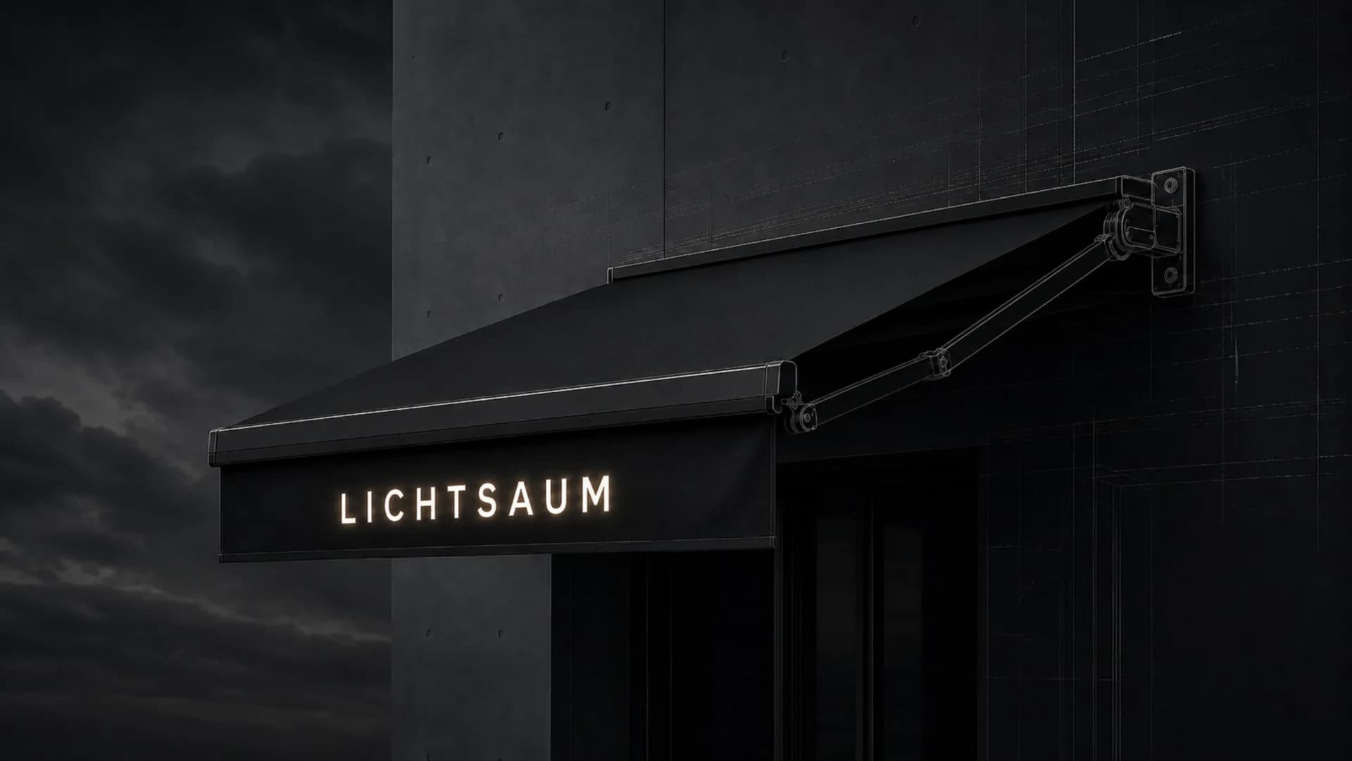 Dunkle Markise an einer Fassade mit warmweiß leuchtendem Schriftzug LICHTSAUM und eingezeichneten Konstruktionslinien.